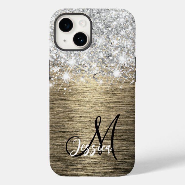 Gold Brushed Metal Silver Glitter Monogram  Case-Mate iPhone Case (Back)