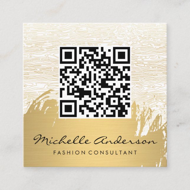 Gold Brushed | Natural Gold Lines | QR Code Square Business Card (Front)
