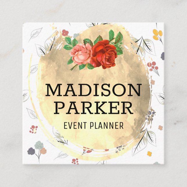 Gold Brushed Seamless Flower Pattern Square Business Card (Front)