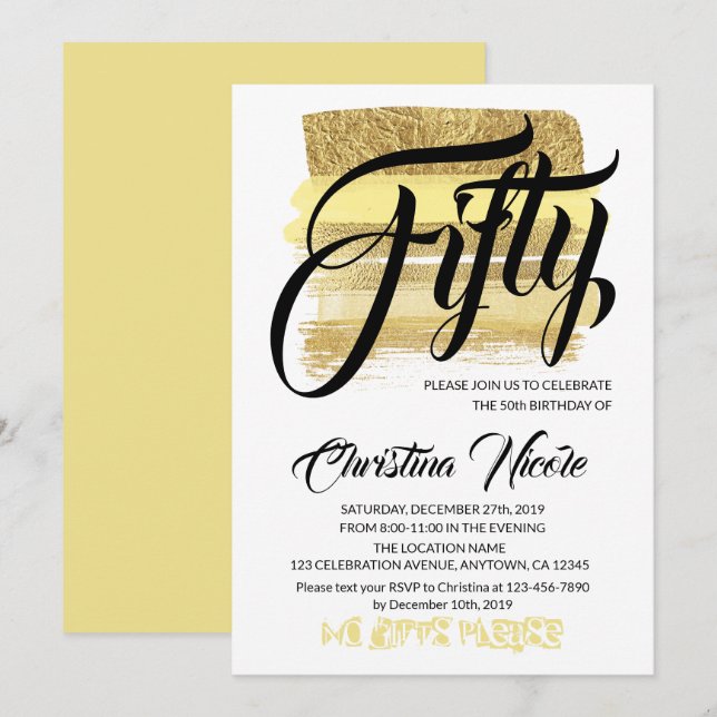 Gold Brushes Sparkly Fifty Birthday Party Trendy Invitation (Front/Back)