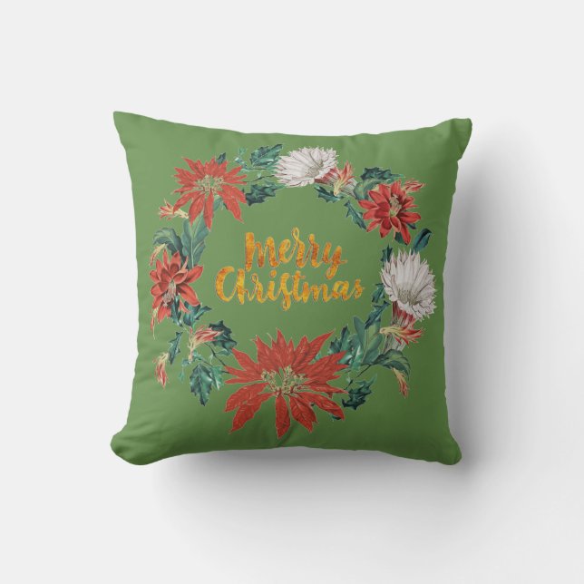 Gold Brushscript Christmas Floral Wreath on Green Throw Pillow (Front)