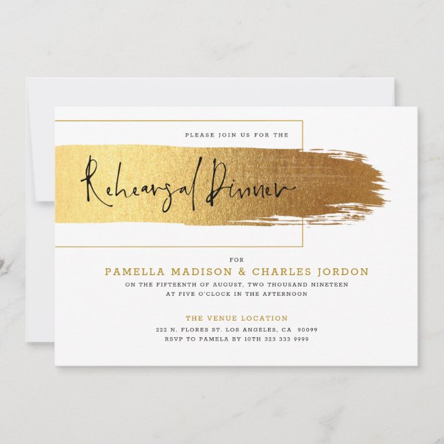 Gold brushstroke modern black typography invitation (Front)
