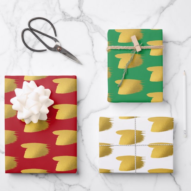 Gold brushstroke - Red, Green & White Christmas Wrapping Paper Sheets (Front)