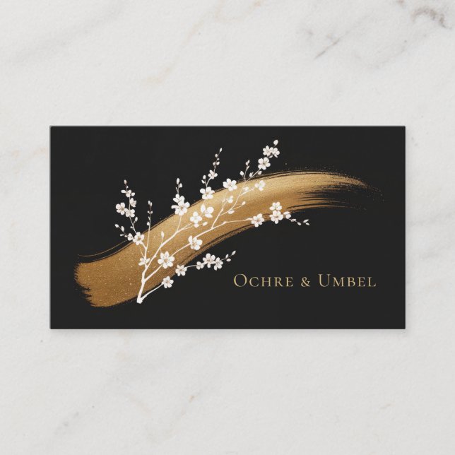 Gold Brushstroke White Floral Black Elegant Business Card (Front)