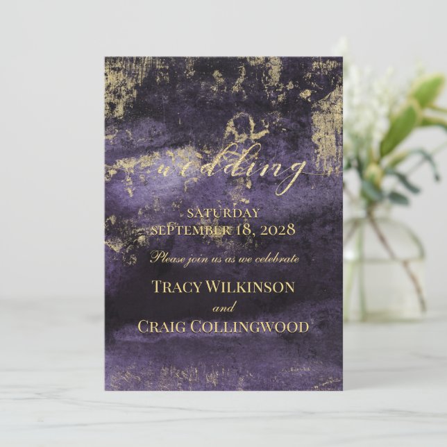 Gold Brushwork On Deep Amethyst Modern Art Wedding Invitation (Standing Front)