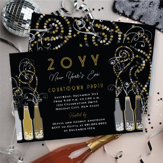 Gold Bubbly Bottles Swirls New Year's Eve Party Invitation