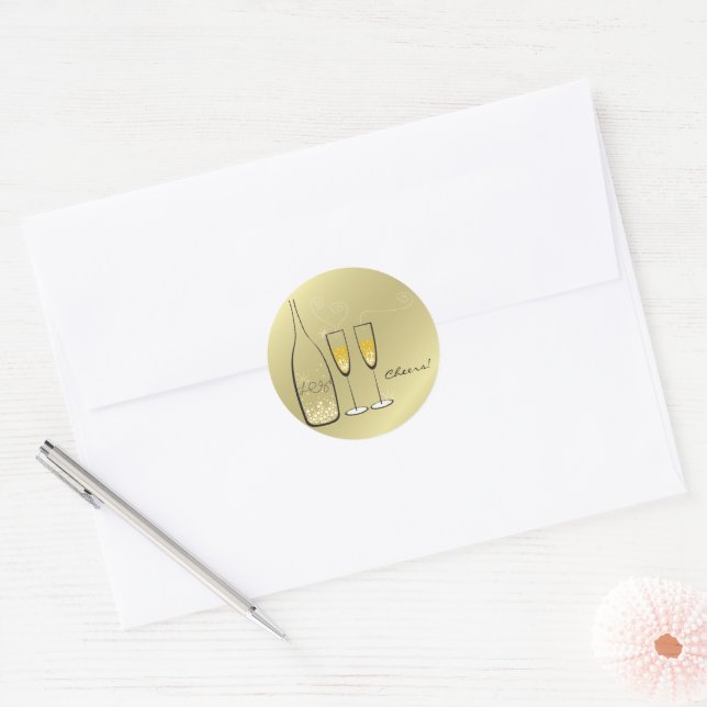 Gold Bubbly Champagne Cheers Chic Wedding Party Classic Round Sticker (Envelope)
