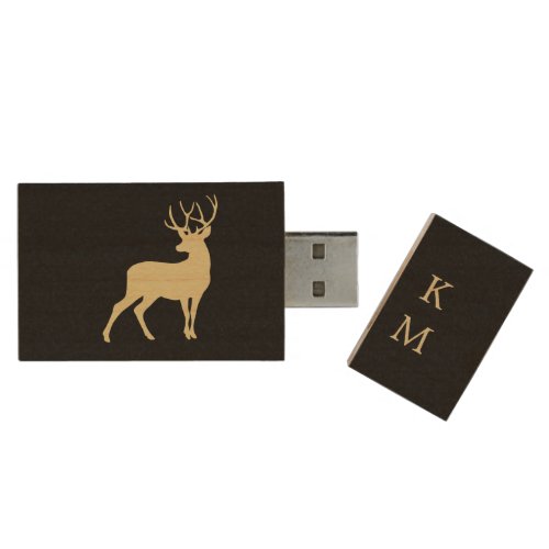 Gold Buck Deer Monogram Wood Flash Drive