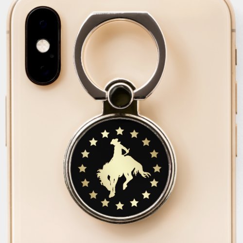 Gold Bucking Horse Stars on Black Phone Ring Stand