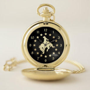 Gold Bucking Horse Stars Pocket Watch
