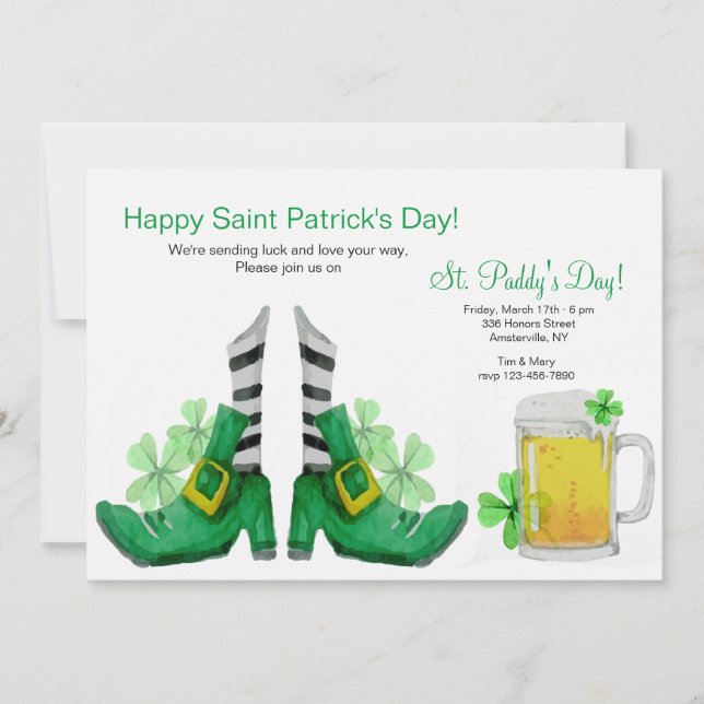 Gold Buckle Leprechaun Shoes Invitation (Front)