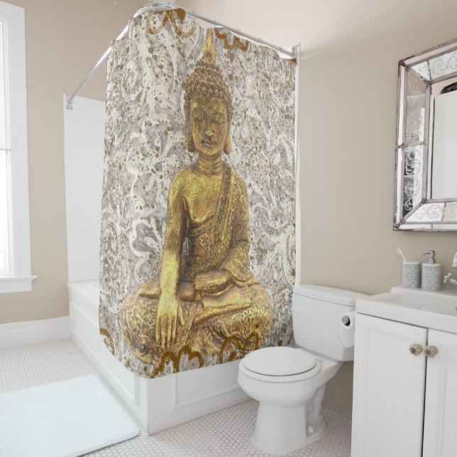 Gold Buddha Golden Floral Flowers Shower Curtain (In Situ)