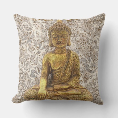 Gold Buddha Golden Floral Flowers Throw Pillow