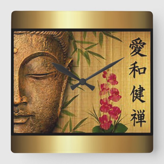 Gold Buddha Green Leaves & Red Flowers Square Wall Clock (Front)