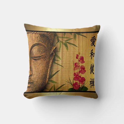 Gold Buddha Green Leaves  Red Flowers Throw Pillow