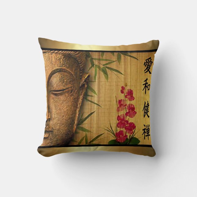 Gold Buddha Green Leaves & Red Flowers Throw Pillow (Front)