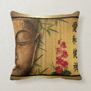 Gold Buddha Green Leaves & Red Flowers Throw Pillow