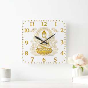 Gold Buddha Sitting in Lotus Pose. Square Wall Clock