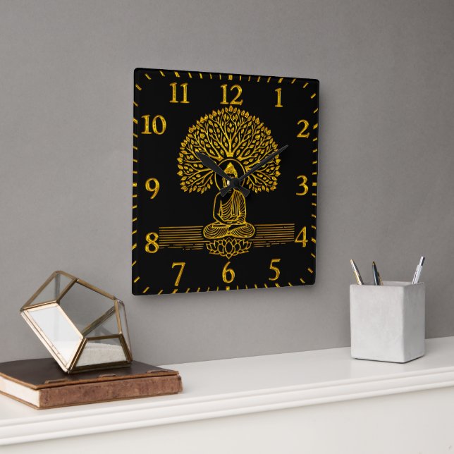 Gold Buddha Under a Tree With Lotus Flower Square Wall Clock (Office)