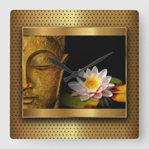 Gold Buddha With Lotus Flower Square Wall Clock
