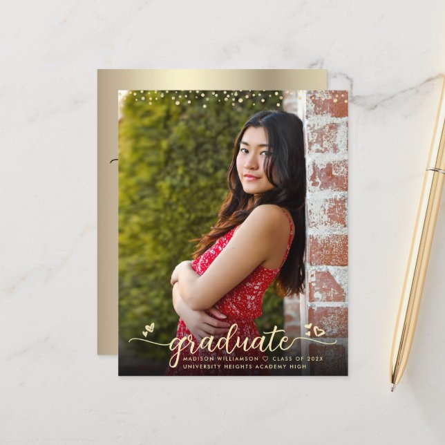 Gold Budget Photo Graduation Script Hearts Invite  (Front/Back In Situ)