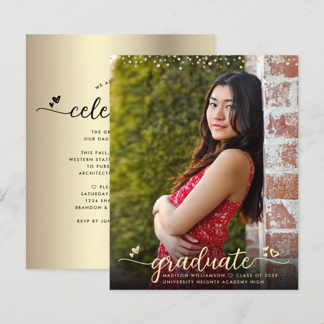 Gold Budget Photo Graduation Script Hearts Invite  (Front/Back)