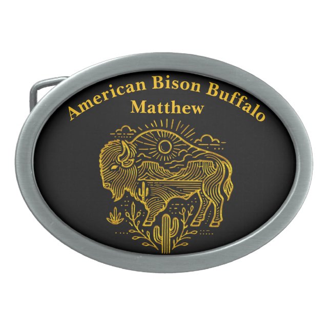 Gold Buffalo Grazing Under The Sun Near Mountains Belt Buckle (Front)