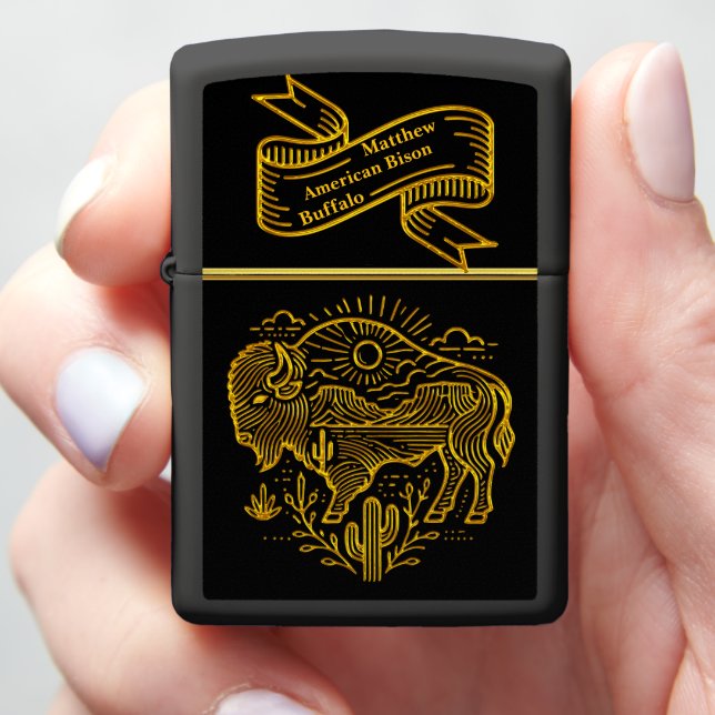 Gold Buffalo Grazing Under The Sun Near Mountains Zippo Lighter (In Hand)