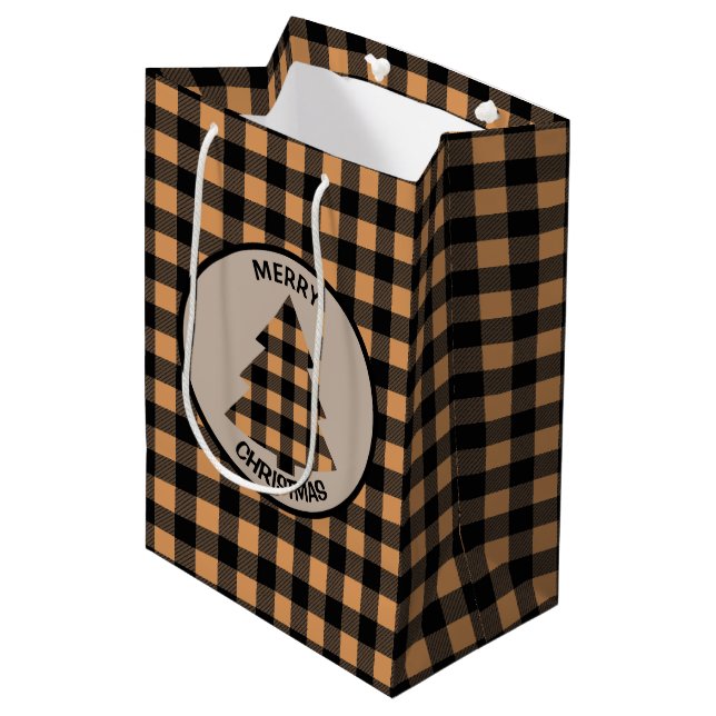 Gold Buffalo Plaid Christmas Tree Medium Gift Bag (Front Angled)