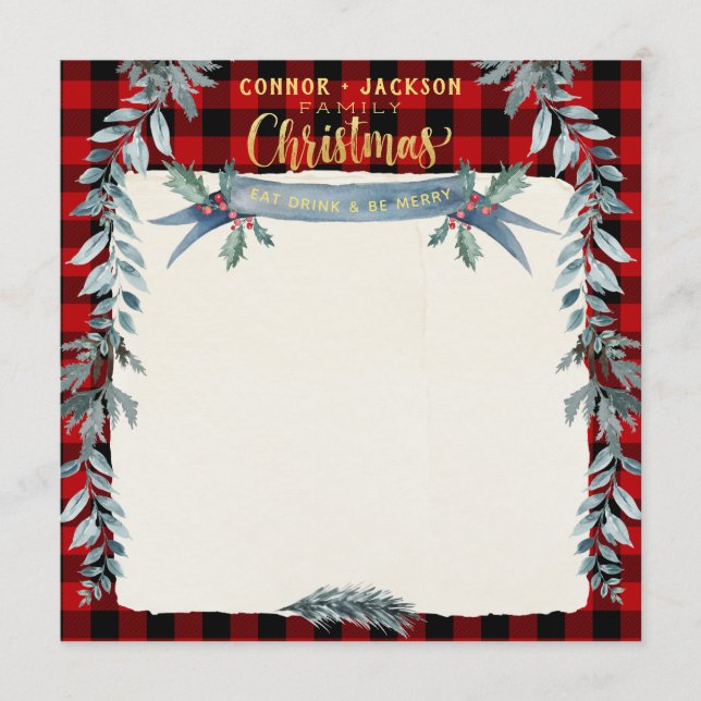 Gold & Buffalo Plaid Family Christmas Blank Dinner Menu (Front)