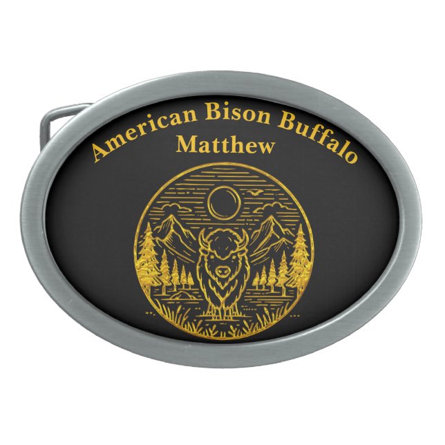 Gold Buffalo Stands Majestically in Nature Scene Belt Buckle (Front)