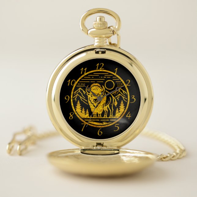 Gold Buffalo Stands Majestically in Nature Scene Pocket Watch (Inside)