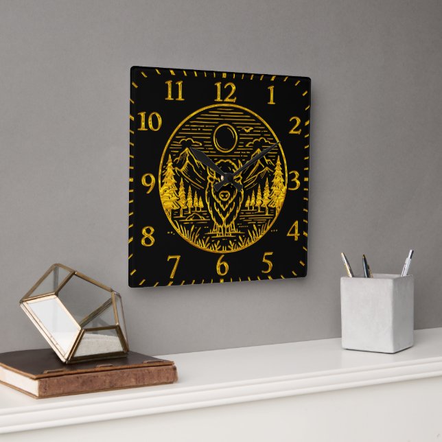 Gold Buffalo Stands Majestically in Nature Scene Square Wall Clock (Office)