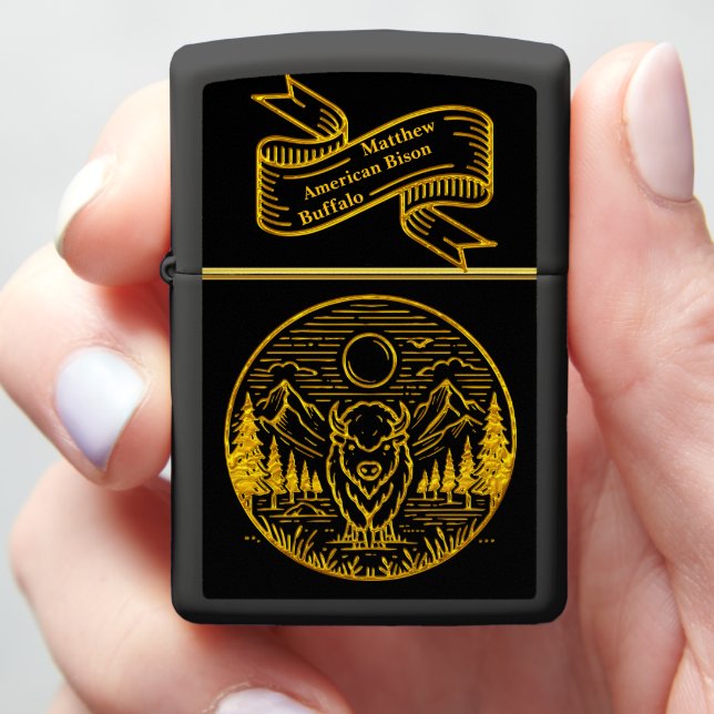 Gold Buffalo Stands Majestically in Nature Scene Zippo Lighter (In Hand)