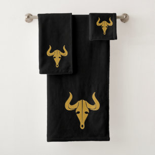Gold bull with long horns bath towel set