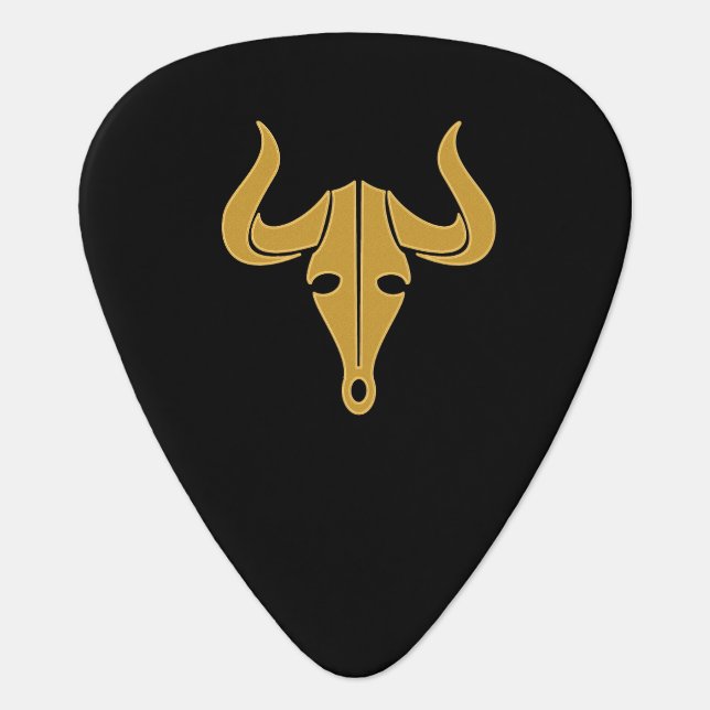 Gold bull with long horns guitar pick (Front)