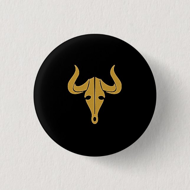 Gold bull with long horns pinback button (Front)