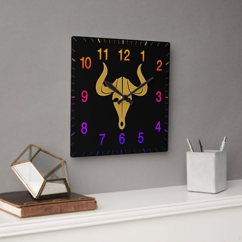 Gold bull with long horns rainbow color numbers square wall clock