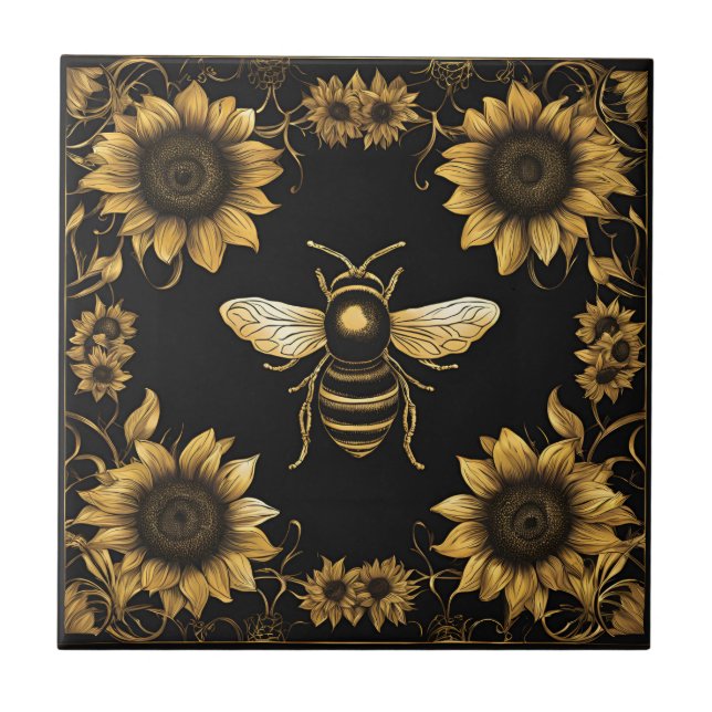 Gold Bumble Bee and Sunflowers Ceramic Tile (Front)