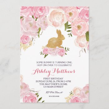 Gold Bunny Birthday Pink  Floral Invitation  Invitation by MakinMemoriesonPaper at Zazzle
