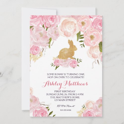 Gold Bunny birthday pink  Floral Invitation Invitation