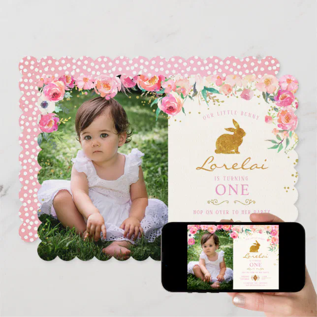 Gold Bunny Pink Floral Birthday Invitation | Zazzle