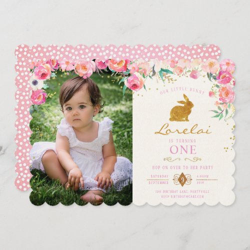 Gold Bunny Pink Floral Birthday Invitation