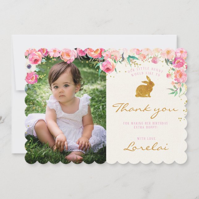 Gold Bunny Pink Floral Thank you card (Front)