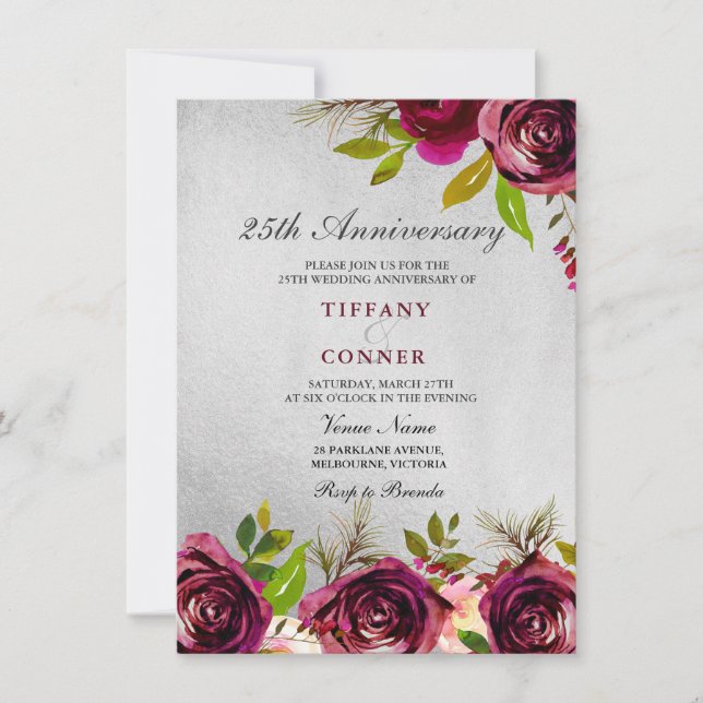 Gold Burgundy 25th Wedding Anniversary invite (Front)