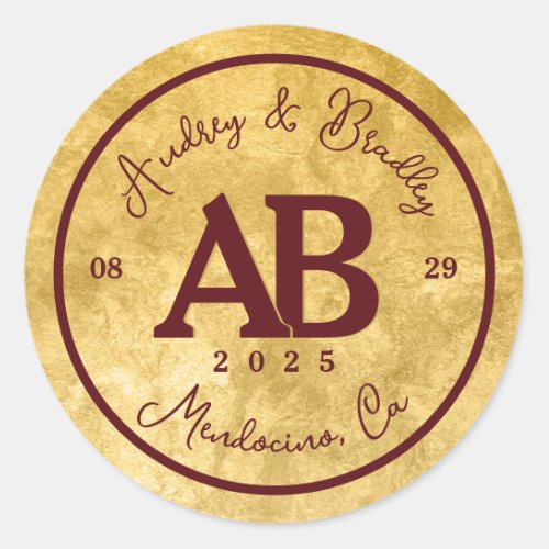 Gold Burgundy 2 Letter Monogram Wedding Classic Round Sticker