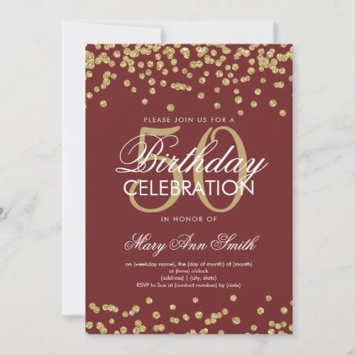 Gold Burgundy 50th Birthday Glitter Confetti Invitation