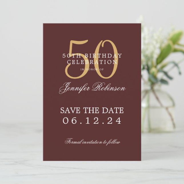 Gold Burgundy 50th Birthday Save the Date  Invitation (Standing Front)