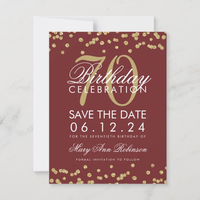 Gold Burgundy 70th Birthday Save Date Confetti Save The Date (Front)