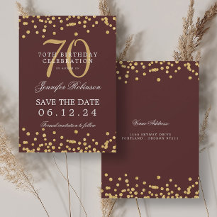 Gold Burgundy 70th Birthday Save the Date Confetti Invitation